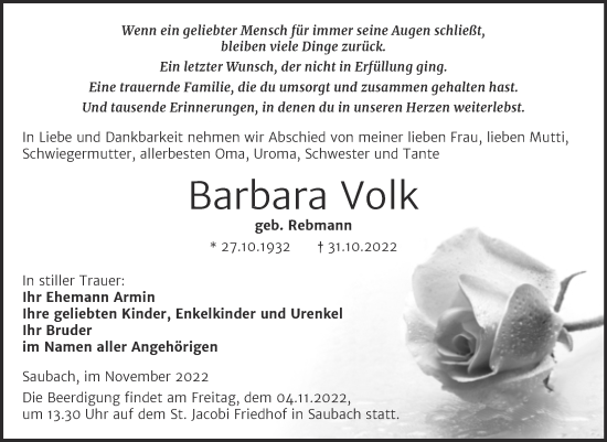 Traueranzeige von Barbara Volk von Naumburger Tageblatt