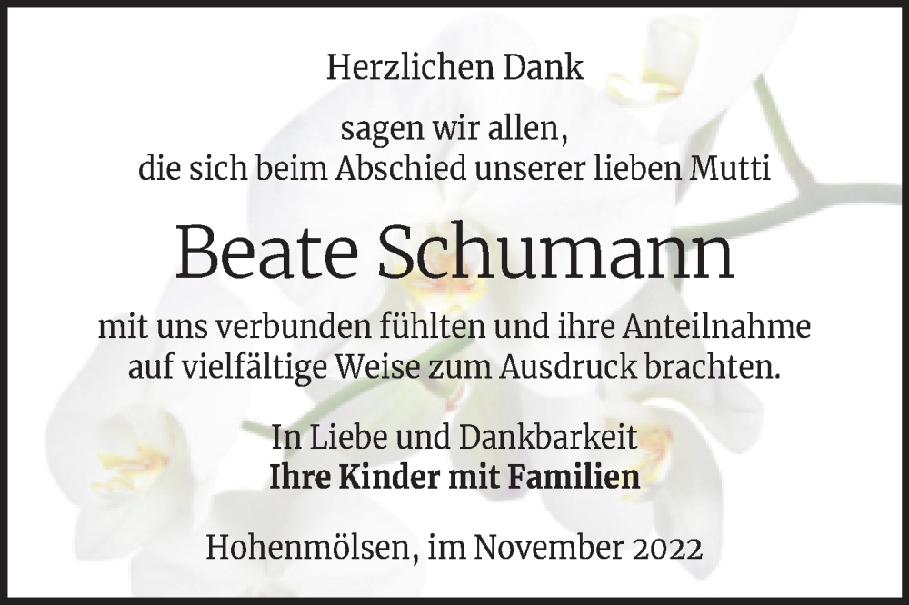  Traueranzeige für Beate Schumann vom 09.11.2022 aus Trauerkombi Weißenfels