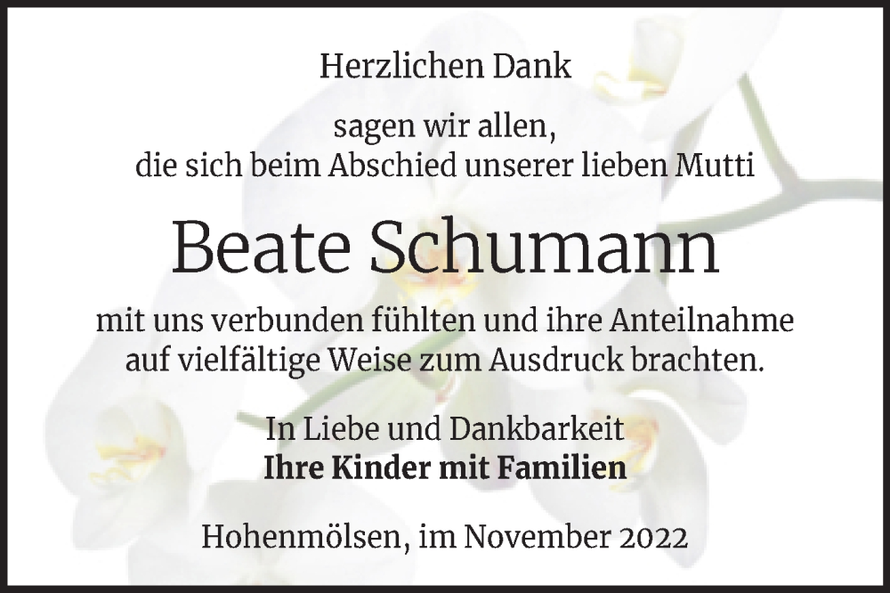  Traueranzeige für Beate Schumann vom 05.11.2022 aus Trauerkombi Weißenfels