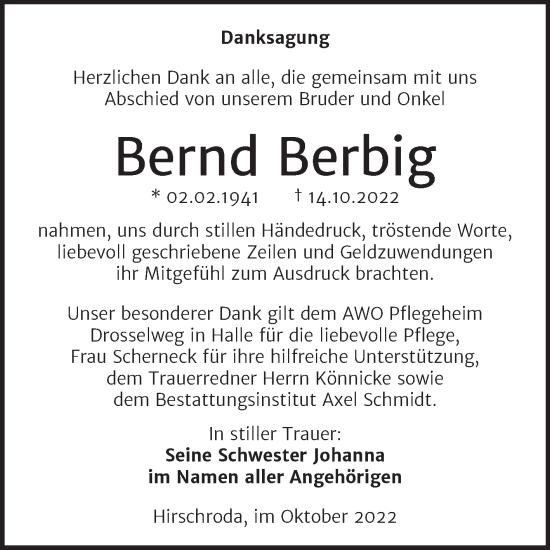 Traueranzeige von Bernd Berbig von Wochenspiegel Naumburg/Nebra