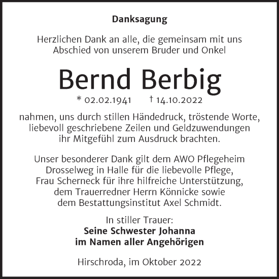 Traueranzeige von Bernd Berbig von Naumburger Tageblatt