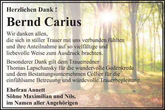 Traueranzeige von Bernd Carius von Trauerkombi Wittenberg