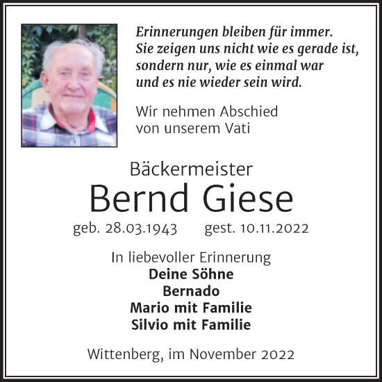 Traueranzeige von Bernd Giese von Trauerkombi Wittenberg