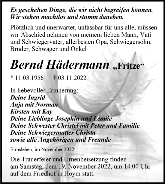 Traueranzeige von Bernd Hädermann von Trauerkombi Aschersleben