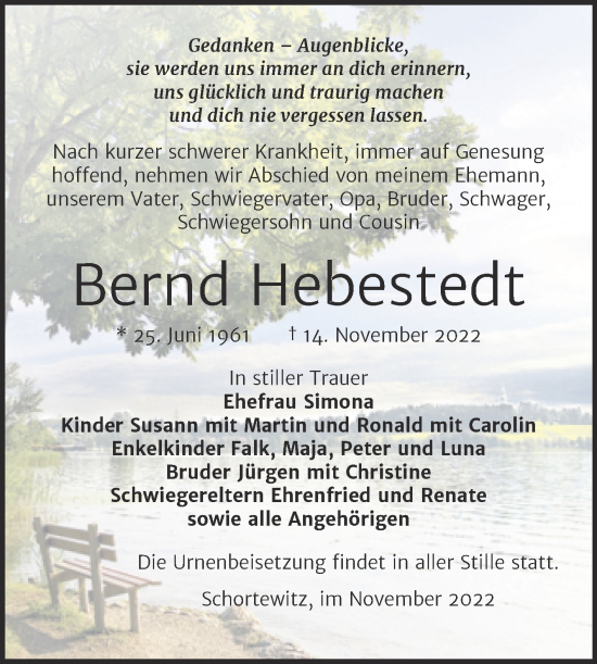Traueranzeige von Bernd Hebestedt von Trauerkombi Köthen