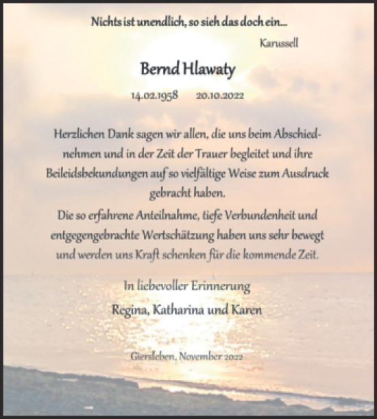 Traueranzeige von Bernd Hlawaty von Trauerkombi Aschersleben