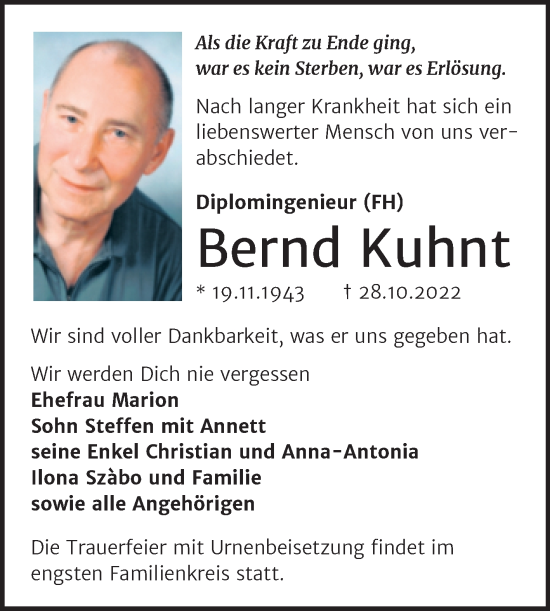 Traueranzeige von Bernd Kuhnt von Wochenspiegel Naumburg/Nebra