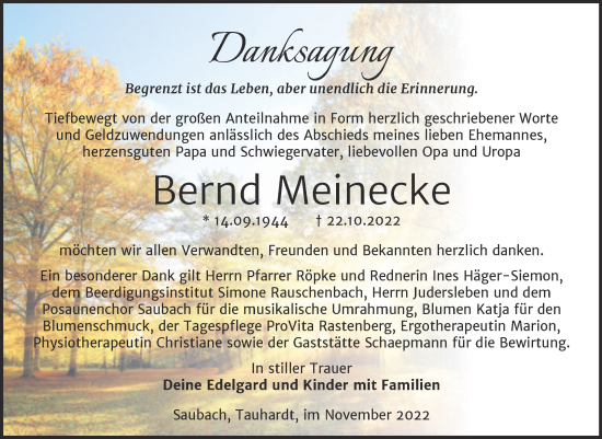 Traueranzeige von Bernd Meinecke von Wochenspiegel Naumburg/Nebra