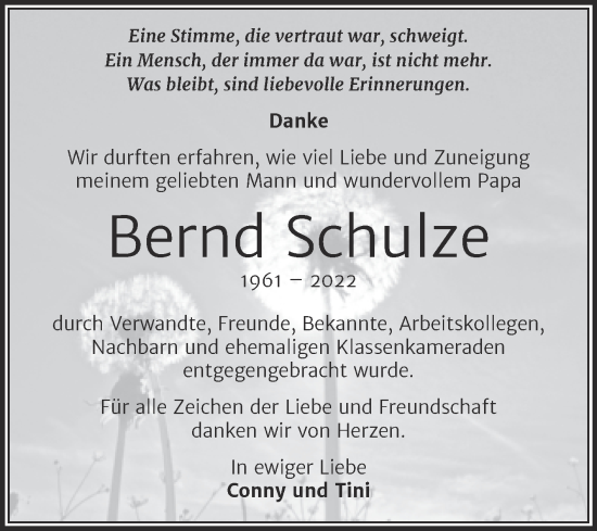 Traueranzeige von Bernd Schulze von Trauerkombi Wittenberg
