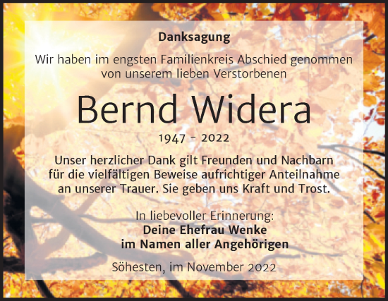 Traueranzeige von Bernd Widera von Trauerkombi Weißenfels