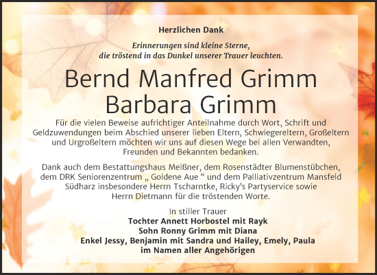 Traueranzeige von Bernd Manfred und Barbara Grimm von Trauerkombi Sangerhausen