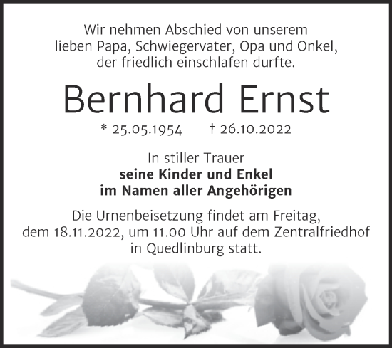 Traueranzeige von Bernhard Ernst von Trauerkombi Quedlinburg