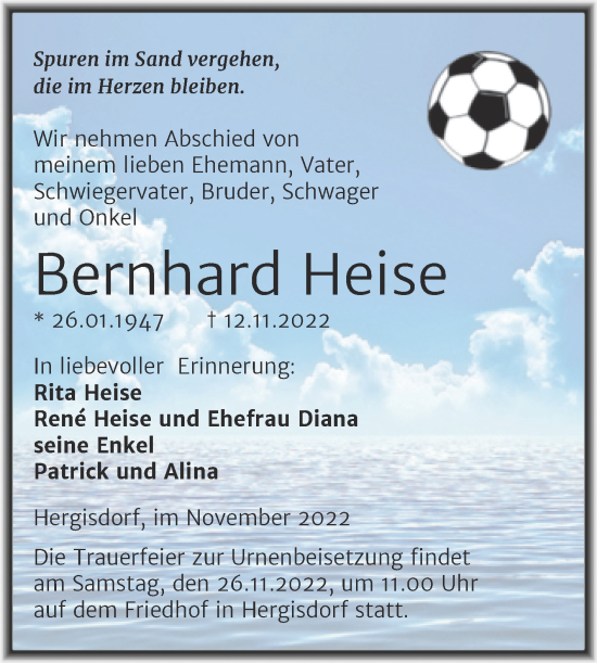 Traueranzeige von Bernhard Heise von Trauerkombi Mansfelder Land