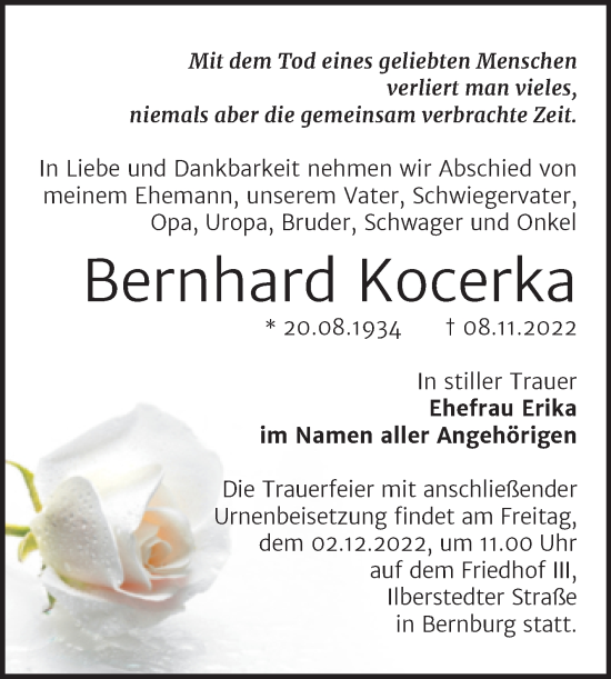 Traueranzeige von Bernhard Kocerka von Trauerkombi Bernburg