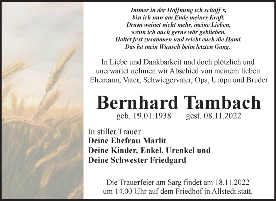 Traueranzeige von Bernhard Tambach von Mitteldeutsche Zeitung Sangerhausen