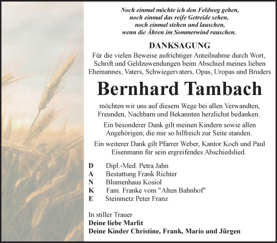 Traueranzeige von Bernhard Tambach von Super Sonntag Sangerhausen