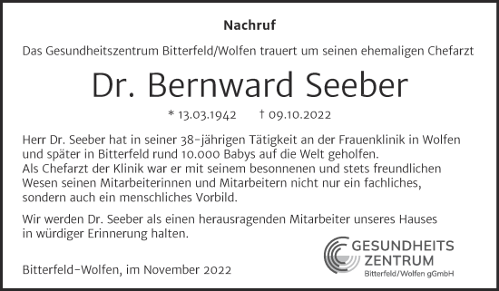 Traueranzeige von Bernward Seeber von Mitteldeutsche Zeitung Bitterfeld