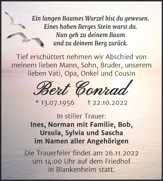Traueranzeige von Bert Conrad von Trauerkombi Sangerhausen