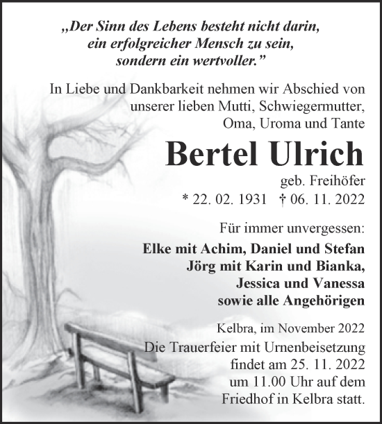 Traueranzeige von Bertel Ulrich von Trauerkombi Sangerhausen