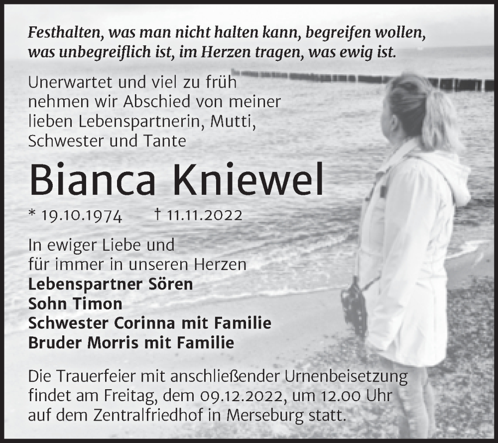  Traueranzeige für Bianca Kniewel vom 19.11.2022 aus Trauerkombi Merseburg