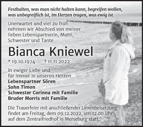 Traueranzeige von Bianca Kniewel von Trauerkombi Merseburg