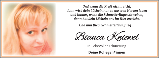 Traueranzeige von Bianca Kniewel von Trauerkombi Merseburg