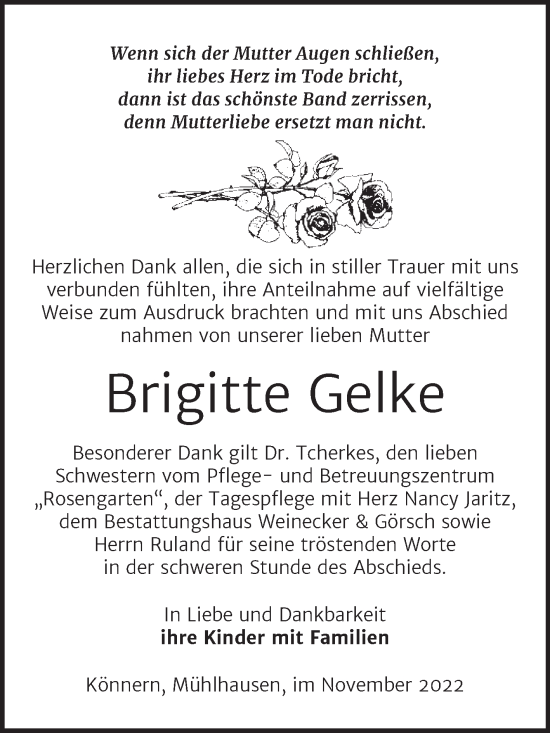 Traueranzeige von Brigitte Gelke von Trauerkombi Bernburg