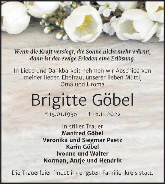 Traueranzeige von Brigitte Göbel von Trauerkombi Mansfelder Land