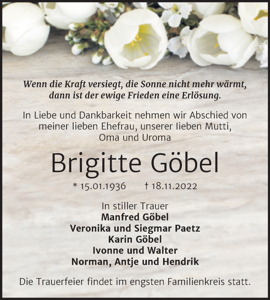  Traueranzeige für Brigitte Göbel vom 22.11.2022 aus Trauerkombi Mansfelder Land