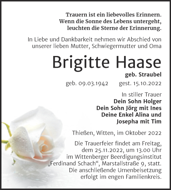 Traueranzeige von Brigitte Haase von Trauerkombi Wittenberg