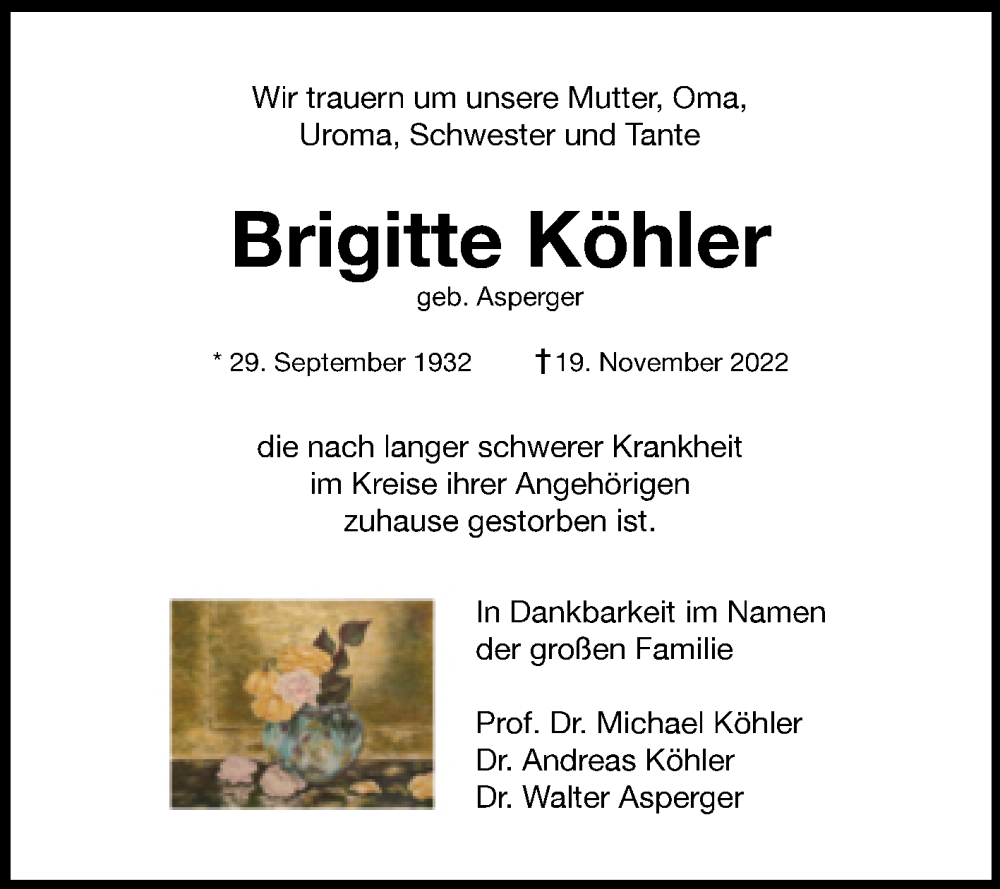  Traueranzeige für Brigitte Köhler vom 26.11.2022 aus Mitteldeutsche Zeitung Halle/Saalkreis