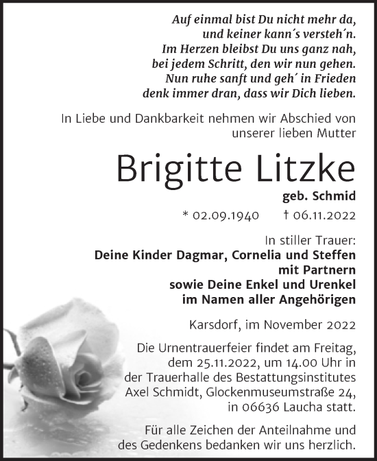 Traueranzeige von Brigitte Litzke von Wochenspiegel Naumburg/Nebra