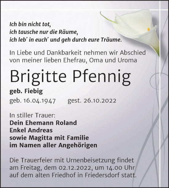 Traueranzeige von Brigitte Pfennig von Trauerkombi Bitterfeld