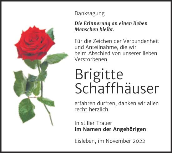Traueranzeige von Brigitte Schaffhäuser von Trauerkombi Mansfelder Land