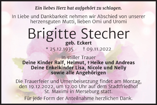 Traueranzeige von Brigitte Stecher von Trauerkombi Merseburg