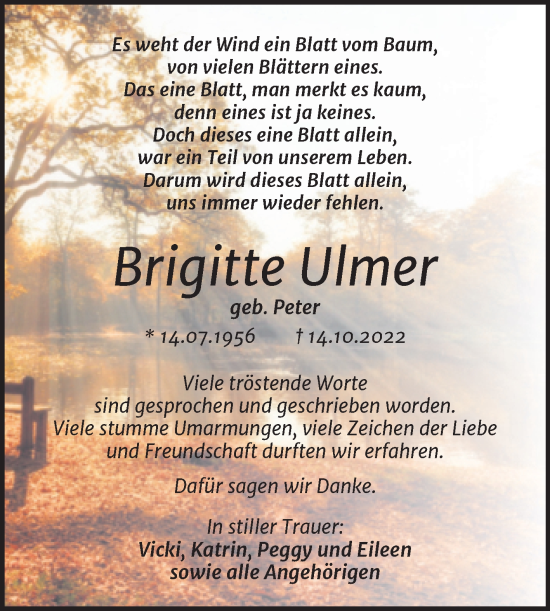 Traueranzeige von Brigitte Ulmer von Trauerkombi Quedlinburg