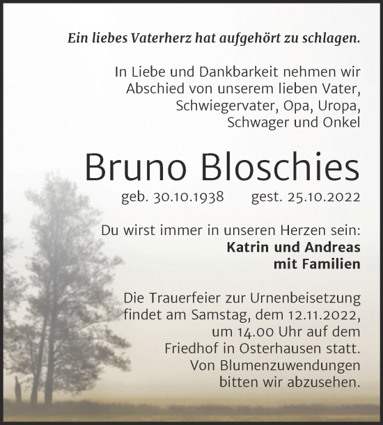 Traueranzeige von Bruno Bloschies von Trauerkombi Mansfelder Land