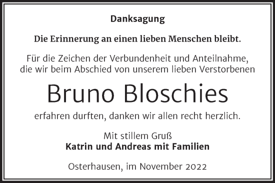 Traueranzeige von Bruno Bloschies von Trauerkombi Mansfelder Land