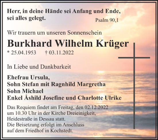 Traueranzeige von Burkhard Wilhelm Krüger von Trauerkombi Dessau