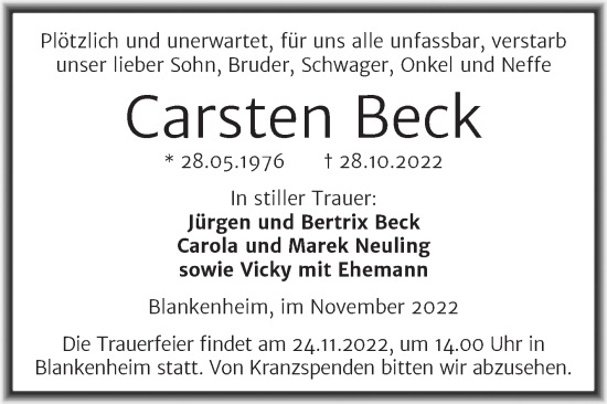 Traueranzeige von Carsten Beck von Trauerkombi Sangerhausen