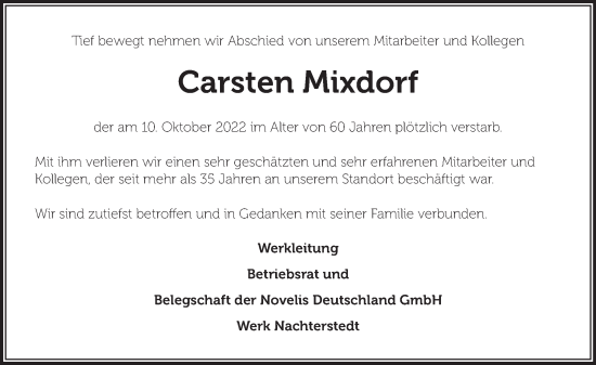 Traueranzeige von Carsten Mixdorf von Super Sonntag Aschersleben