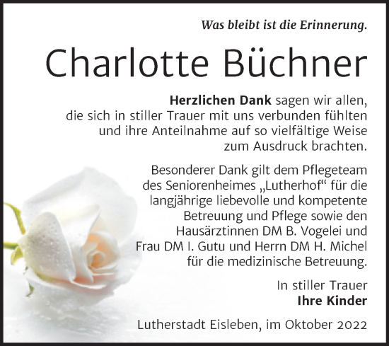 Traueranzeige von Charlotte Büchner von Trauerkombi Mansfelder Land