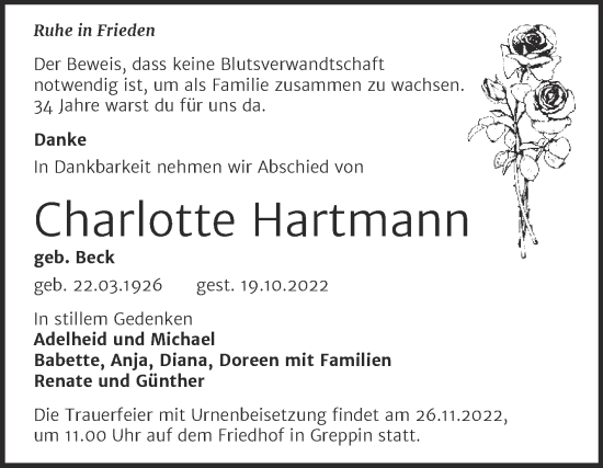 Traueranzeige von Charlotte Hartmann von Trauerkombi Bitterfeld
