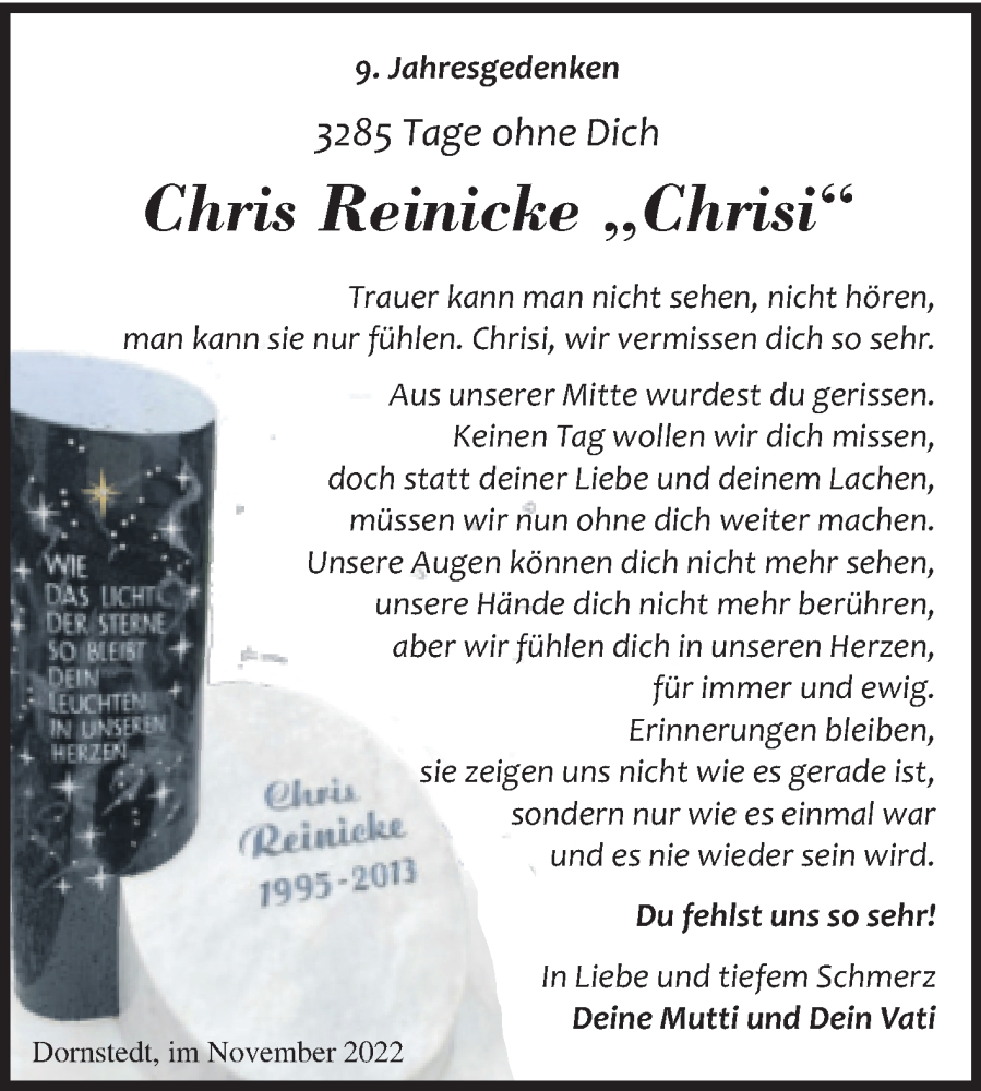  Traueranzeige für Chris Reinicke vom 25.11.2022 aus Mitteldeutsche Zeitung Halle/Saalkreis
