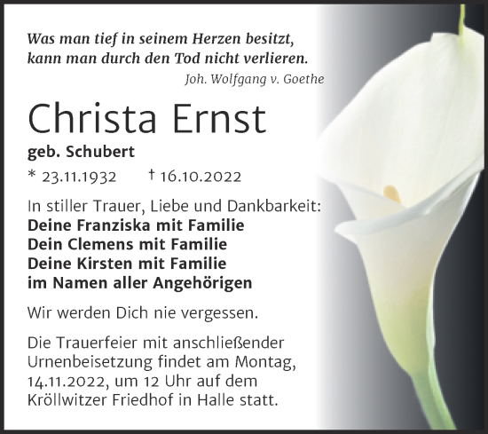 Traueranzeige von Christa Ernst von Mitteldeutsche Zeitung Halle/Saalkreis