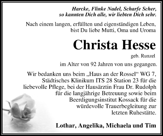 Traueranzeige von Christa Hesse von Trauerkombi Dessau