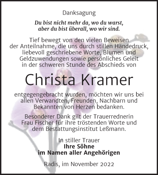 Traueranzeige von Christa Kramer von Trauerkombi Wittenberg