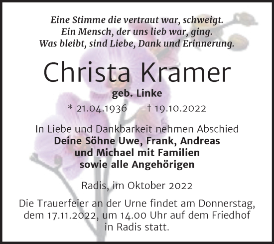 Traueranzeige von Christa Kramer von Trauerkombi Wittenberg