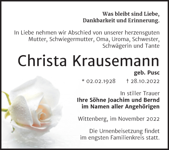 Traueranzeige von Christa Krausemann von Trauerkombi Wittenberg