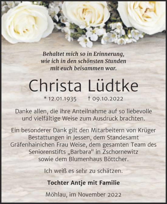 Traueranzeige von Christa Lüdtke von Trauerkombi Wittenberg